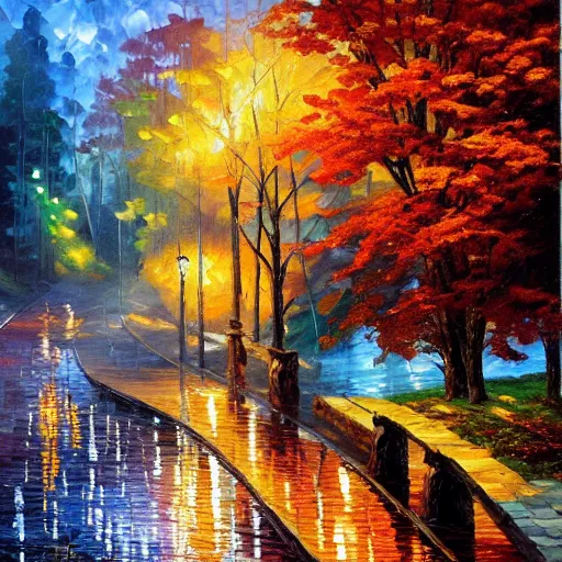 Prompt: an autumn scene by thomas kinkade and leonid afremov