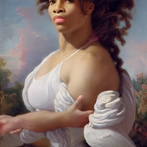 Image similar to Portrait of Serena Williams as Nike Goddess, large wings, luxuriant, dreamy, eternity, romantic, strong pose, highly detailed, in the style of Franz Xaver Winterhalter, highly detailed, in the style of Aetherpunk