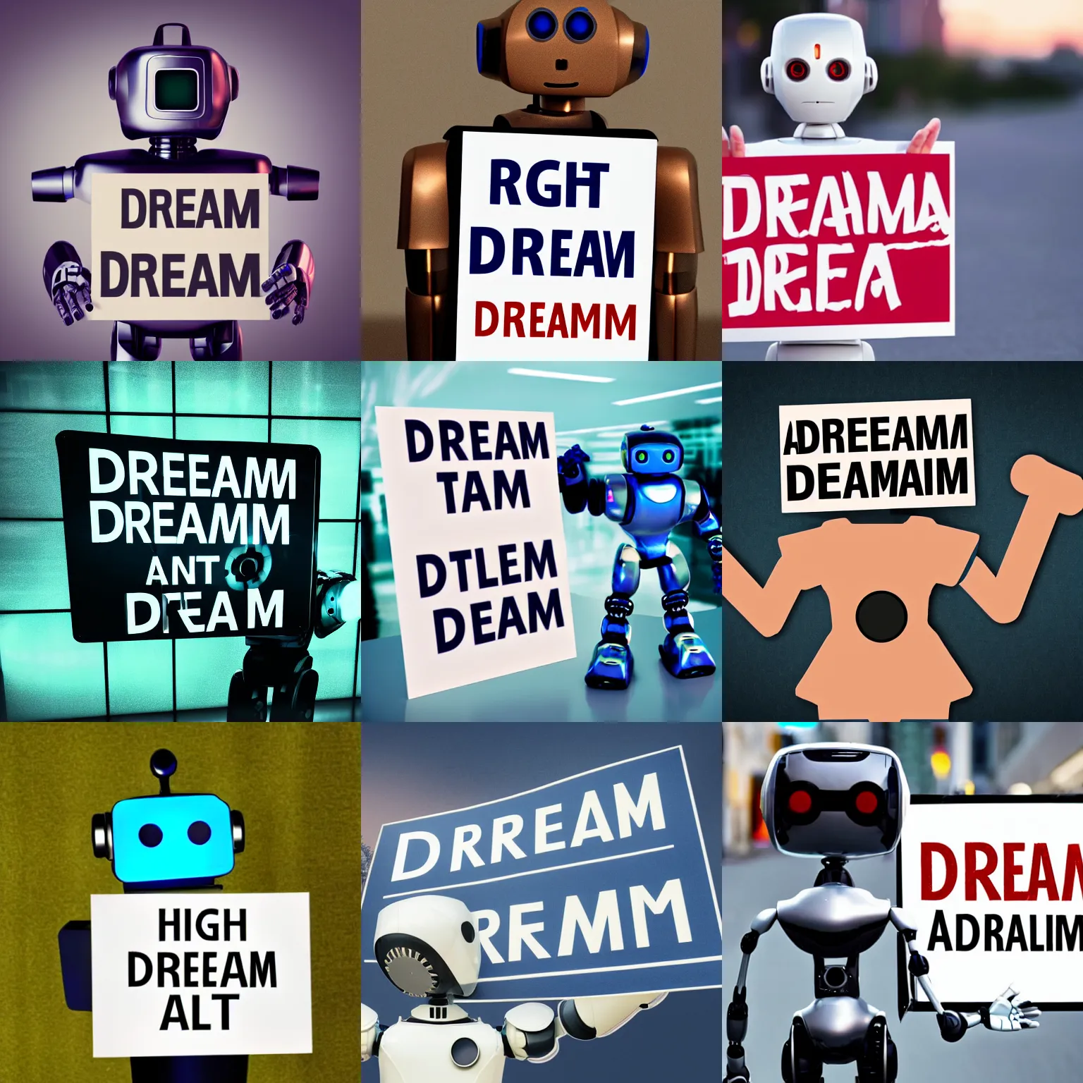 Image similar to realistic high quality photo of artificial intelligence robot holding a sign with text that reads : dream