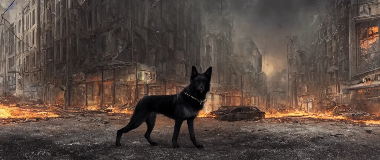 Image similar to A beautiful hyperrealistic ultradetailed matte painting of a scruffy black German Shepherd standing in the middle of city street at night in an abandoned post-apocalyptic city, abaonded cars on fire, crumbling buildings, unreal engine, deviant art, flickr, artstation, octane render, textured, colorful, hyperrealistic, physically based rendering, pbr render, very detailed, volumetric lighting, octane render, 4k, cinematic, 8k resolution,