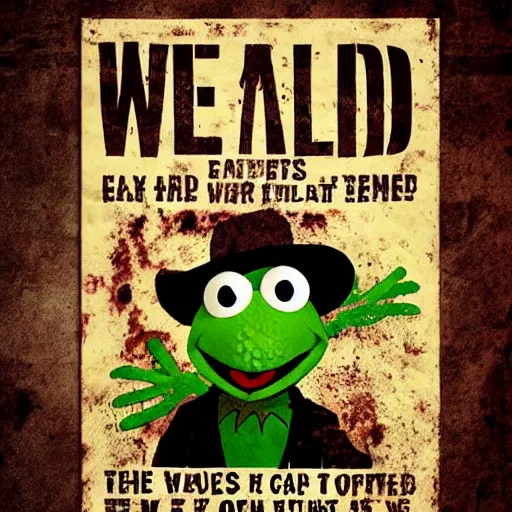 Image similar to a walking dead style poster of Kermit the frog, serious, black and white, dirtied with mud stains, looks like an old wild west wanted poster, realistic