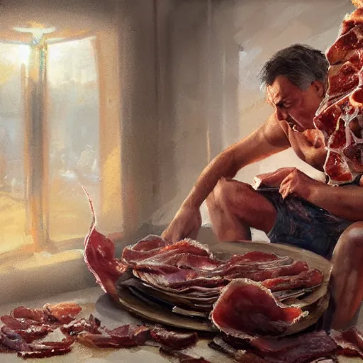 Image similar to viktor orban with detailed eyes, sitting on a large pile of bacon by greg rutkowski