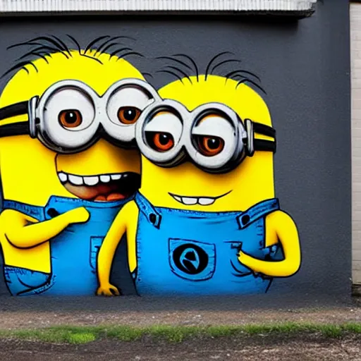 Prompt: Graffiti of a minion by Banksy