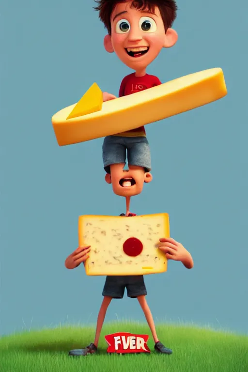 Prompt: Poster for a movie about a boy that loves to eat cheese. pixar style, 3d animation, render, zigor samaniego style