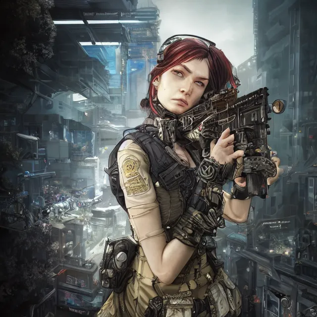 Image similar to the portrait of lawful neutral female cyberpunk infantry sniper as absurdly beautiful, gorgeous, elegant, young woman looking up, an ultrafine hyperdetailed illustration by kim jung gi, irakli nadar, intricate linework, bright colors, octopath traveler, final fantasy, unreal engine 5 highly rendered, global illumination, radiant light, detailed and intricate environment