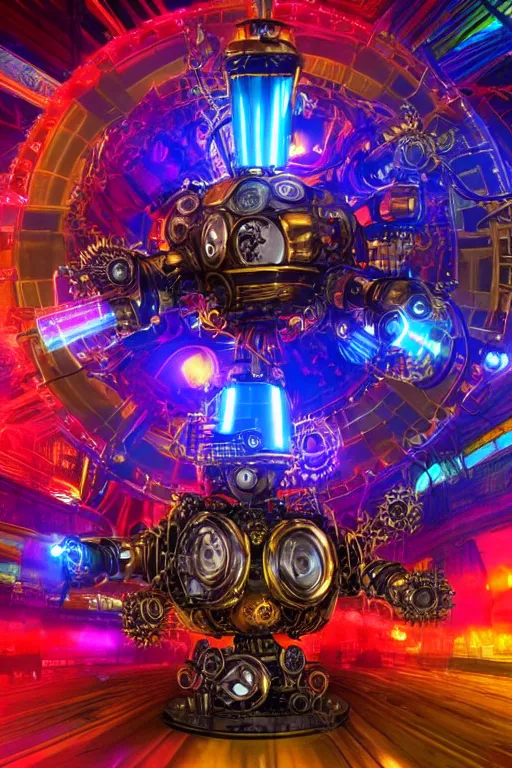 Prompt: portrait photo of a giant huge golden and blue metal futuristic steampunk robot covered with multicolored big gears and tubes, a huge steampunk drumset, eyes are glowing red lightbulbs, shiny crisp finish, 3 d render, animusic, 8 k, insaneley detailed, fluorescent colors, background is multicolored lasershow