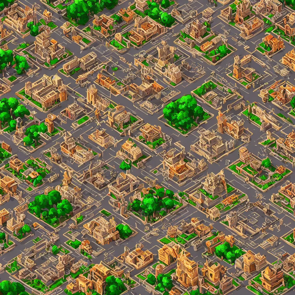 Prompt: isometric view of ancient city by madmaraca, textured, detailed, beautiful, indie game, 8 k wallpaper