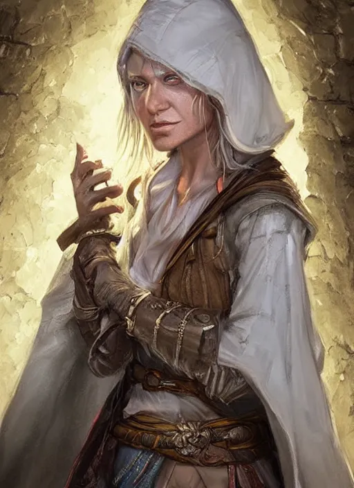 Image similar to female poor beggar on the streets white, bright, unclean, ultra detailed fantasy, dndbeyond, bright, colourful, realistic, dnd character portrait, full body, pathfinder, pinterest, art by ralph horsley, dnd, rpg, lotr game design fanart by concept art, behance hd, artstation, deviantart, hdr render in unreal engine 5