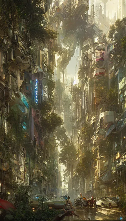 Image similar to hyper realistic cyberpunk city, overtaken by lush plants, gnarly trees by tom bagshaw, mucha, gaston bussiere, craig mullins, j. c. leyendecker 8 k