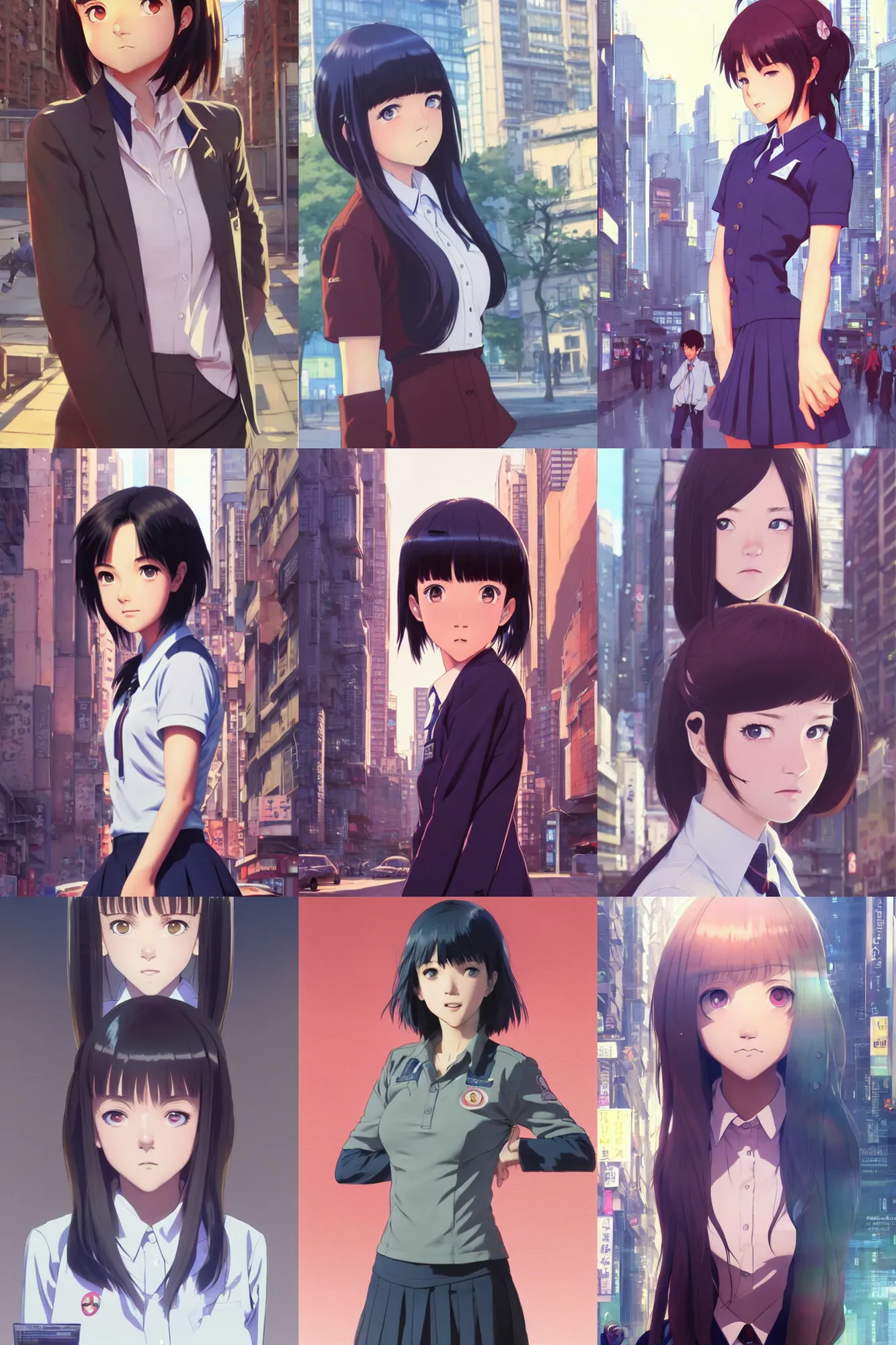 Image similar to a cute girl wearing school uniform standing in the city, really good looking face!!, realistic shaded perfect face, fine details, anime, realistic shaded lighting poster by ilya kuvshinov katsuhiro otomo ghost - in - the - shell, magali villeneuve, artgerm, jeremy lipkin and michael garmash and rob reyt