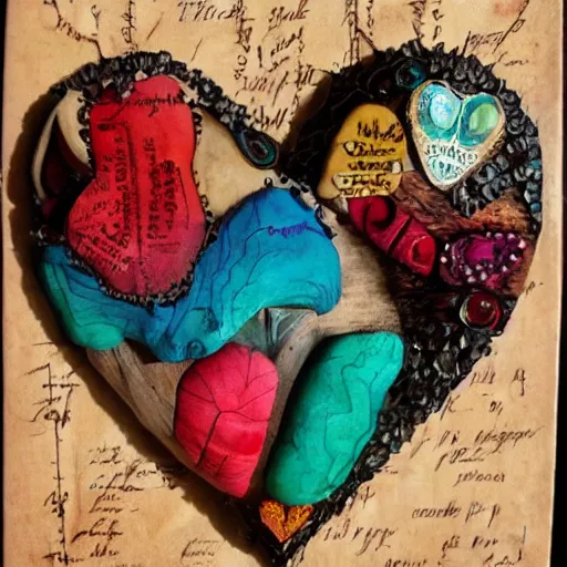 Image similar to human heart, anatomically correct, photocollage, pyrography, puppet, bejeweled, mixed media, frottage, happy accidents, in a symbolic and meaningful style