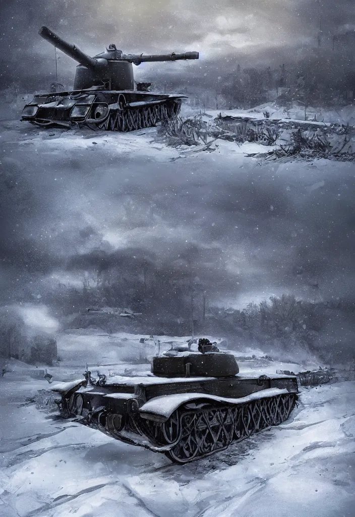 Prompt: Digital Art of a single 1914 Tank in the snow in russia, trending on artstation