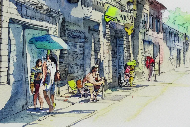 Prompt: street summer watercolor pen trending on artstation