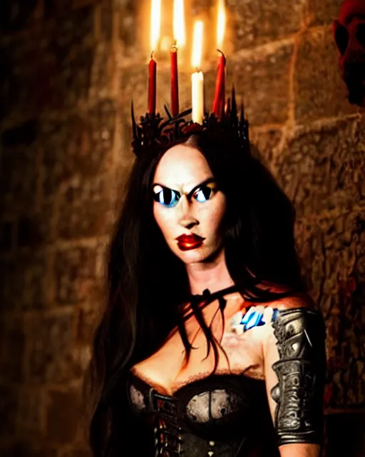 Prompt: megan fox witch queen, black eyes, blood, full body, intricate victorian dress, symmetrical eyes, rafael albuquerque, frank frazetta, moody lighting, candles