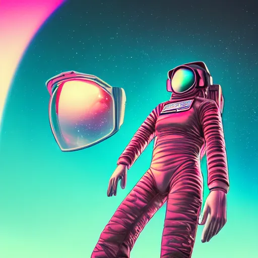 Image similar to A wide angle shot from below of a female astronaut with a feminine body walking with swagger towards camera on mars in an infinite universe , synthwave digital art