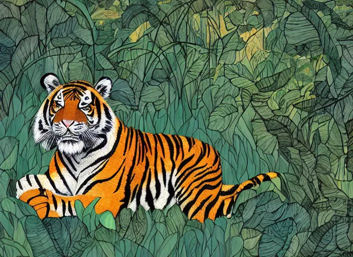 Image similar to a tiger in the centella asiatica in android jones style