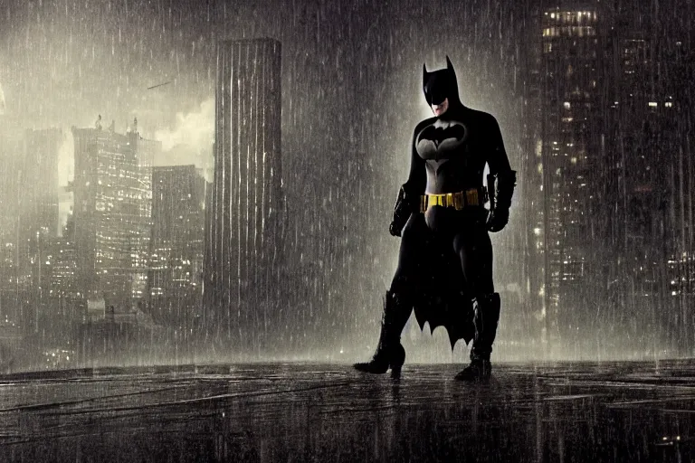 Image similar to a cinematic painting of bill crosby as batman near a dystopian cityscape on a rainy day, beautiful lighting, high depth, ultra realistic, artistic, by annie leibovitz