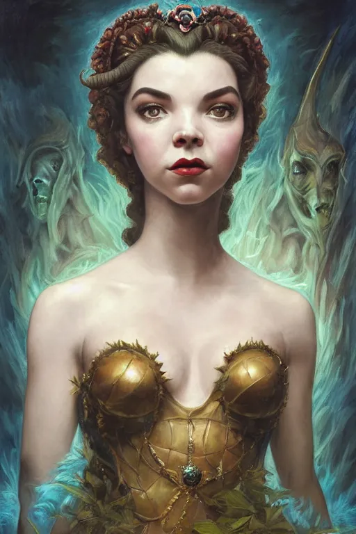 Prompt: A fantasy comic book style portrait painting of Anya Taylor-Joy, Elizabeth Taylor, hybrid, as an Atlantean Reptilian Warrior, François Boucher, Oil Painting, Mystical Valkyrie, unreal 5, DAZ, hyperrealistic, octane render, Regal, Refined, Detailed Digital Art, RPG portrait, William-Adolphe Bouguereau, Michael Cheval, Walt Disney (1937), Steampunk, dynamic lighting, Highly Detailed, Cinematic Lighting, Unreal Engine, 8k, HD