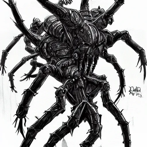 Image similar to concept art of a dark souls boss, six arms undead riding a spider;dark fantasy