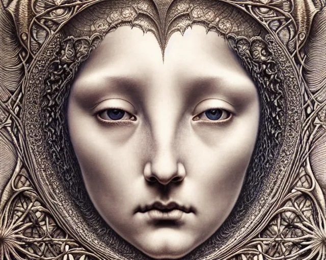 Image similar to detailed realistic beautiful moon goddess face portrait by jean delville, gustave dore, iris van herpen and marco mazzoni, art forms of nature by ernst haeckel, art nouveau, symbolist, visionary, gothic, neo - gothic, pre - raphaelite, fractal lace, intricate alien botanicals, ai biodiversity, surreality, hyperdetailed ultrasharp octane render