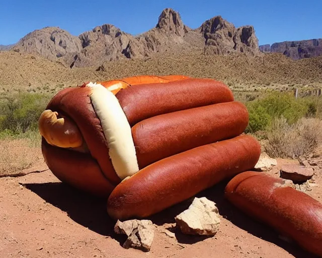 Image similar to archeologists finding a giant hot dog in the ground, amazing desert mountains, award winning photograph