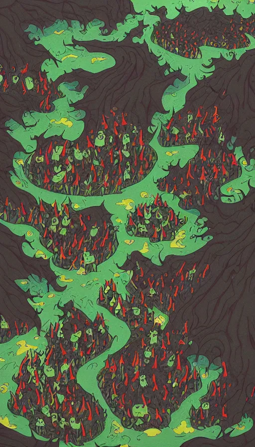 Prompt: a storm vortex made of many demonic eyes and teeth over a forest, by kurzgesagt,