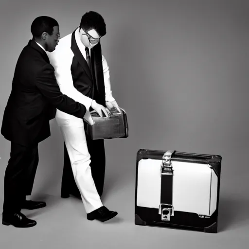 Image similar to black man and white man in black suits opening a suitcase that is glowing on the inside, 35mm, photo film footage