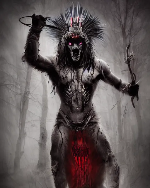 Image similar to wolf - human hybrid mutant ghost - spirit of the grim - warpaint wears the scarlet skull armor and native blood headdress feathers, midnight fog - mist!, dark oil painting colors, realism, cinematic lighting, various refining methods, micro macro autofocus, ultra definition, award winning photo, photograph by ghostwave - gammell - giger - shadowlord