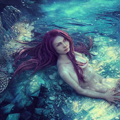 Image similar to underwater mermaid, hyper detailed, digital art, cinematic lighting, studio quality, smooth render, unreal engine 5, octane rendered, art style by klimt and nixeu and ian sprigger and wlop and krenz cushart.