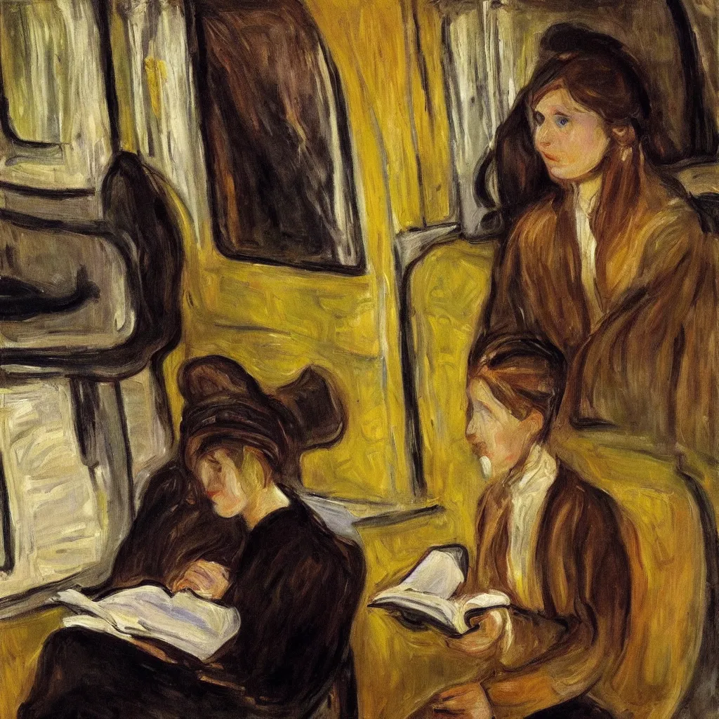 Prompt: a reading girl on the train, canvas, oil paint, cinematic, detailed, artwork by edvard munch