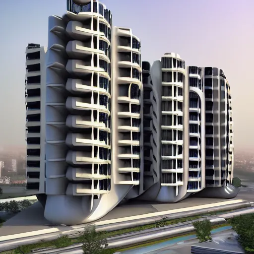 Image similar to low - cost housing designed by architect zaha hadid ; contemporary indian stunning architectural photography from magazine ; wide angle view 1 4 mm lens f 2 2 ; evermotion archexterior, v - ray + unreal engine + clear straight lines + daz studio iray + highly detailed 8 k textures + hdr lighting, ray traced, v - ray, vue render, artstation