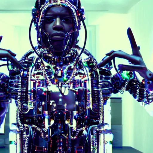 Image similar to a cinematic film still of rapper unotheactivist as a cybernetic cyborg, cgi, surrealism, film photography