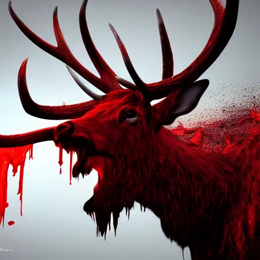Image similar to Photorealistic wendigo elk dripping blood. Hyperdetailed photorealism, 108 megapixels, amazing depth, glowing rich colors, powerful imagery, Eldritch Horror Overtones, 3D finalrender, 3d shading, cinematic lighting, artstation concept art