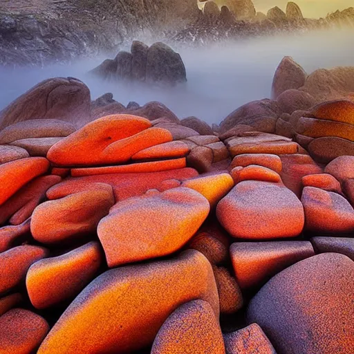 Image similar to surrealism rocky landscapen dar colors, dense fog, red sky, golden sun