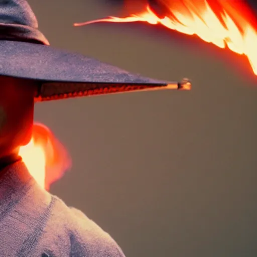 Image similar to cinematic film still Pharrell Williams starring as a Samurai holding fire, Japanese CGI, VFX, 2003, 40mm lens, shallow depth of field,film photography