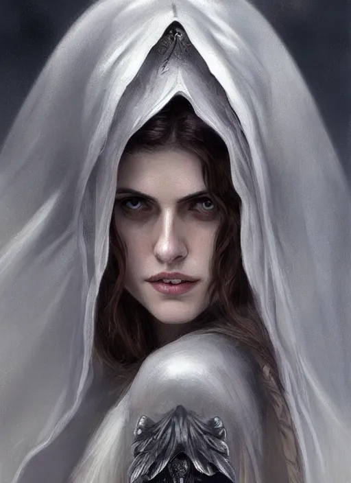 Image similar to Portrait of Alexandra Daddario, white glowing eyes, silver hair, cloak, ethereal wings, female, fantasy, extremely detailed, digital painting, artstation, concept art, smooth, sharp focus, illustration, stunning lighting, art by artgerm and greg rutkowski and alphonse mucha and simon stalenhag, realistic character concept, high fantasy, light atmosphere, golden ratio, cinematic lighting, hyperdetailed, high resolution, insanely detailed and intricate, artstation, Marc Simonetti, Greg Rutkowski, 8k