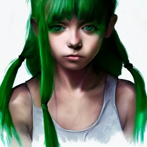 Prompt: artstation young girl with green eyes and pigtails her head in fury, looking to the right, very detailed, , portrait, high contrast