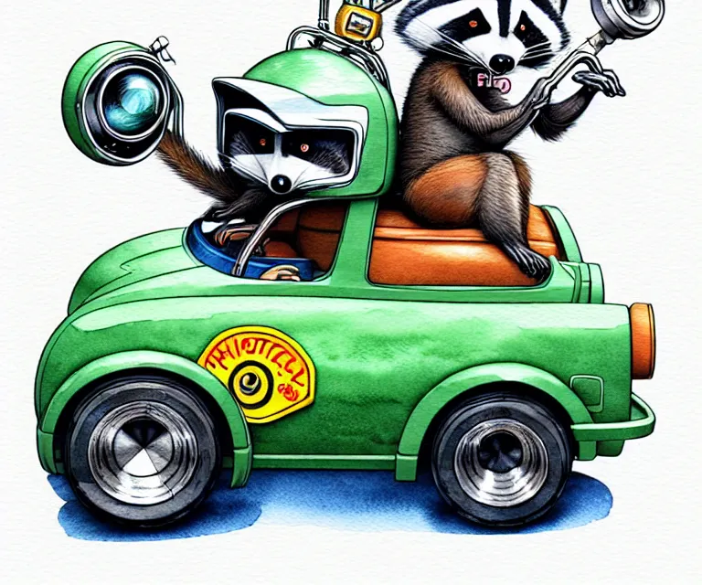 Image similar to cute and funny, racoon wearing a helmet riding in a tiny hot rod with oversized engine, ratfink style by ed roth, centered award winning watercolor pen illustration, isometric illustration by chihiro iwasaki, edited by range murata, tiny details by beeple, symmetrically isometrically centered