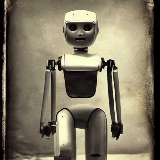 Prompt: humanoid robot, advanced humanoid robots, sleek robot, in log cabin living room, tintype photograph