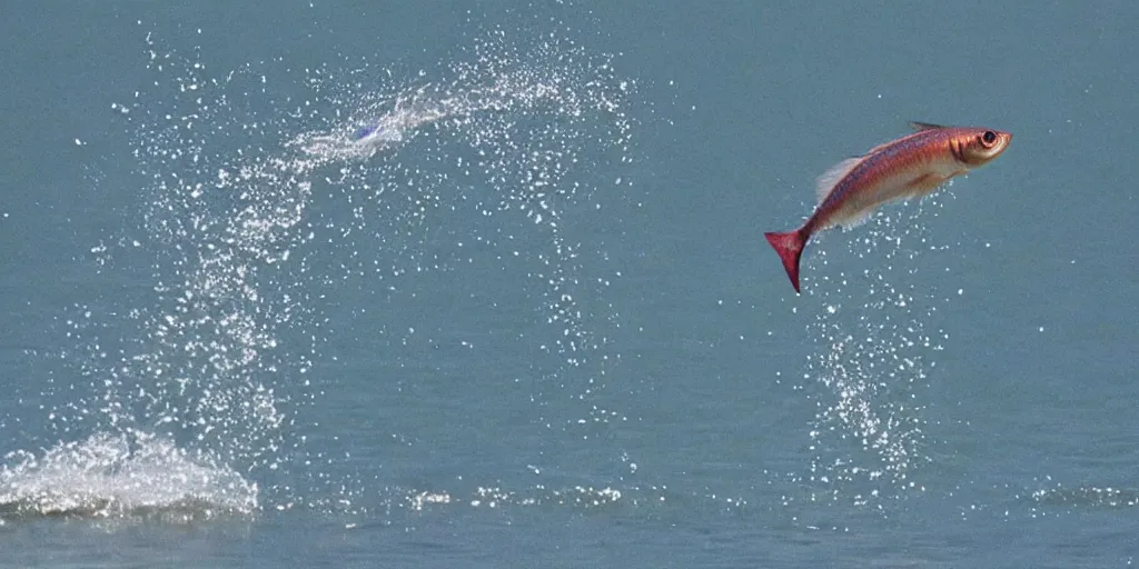 Prompt: a fish jumping out of a beautiful lake with great nature around it, and waves in the water, akria toyama style