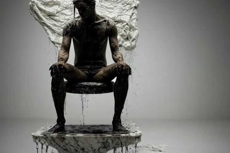 Image similar to a sculpture of a person sitting on a top of the chair, a white marble sculpture covered with floating water by nicola samori, behance, neo - expressionism, marble sculpture, apocalypse art, made of mist