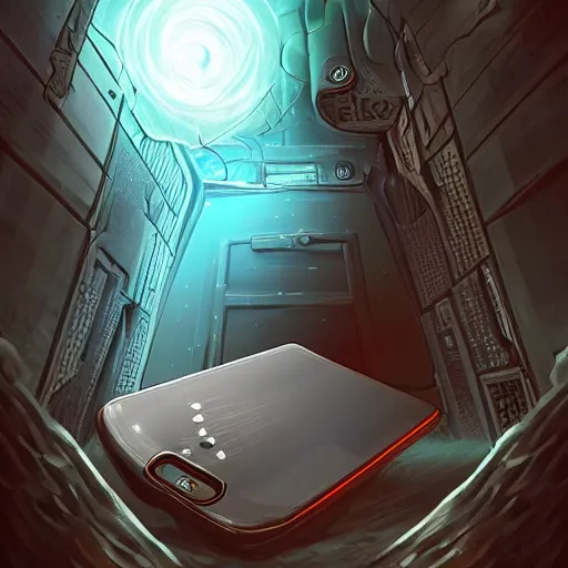 Image similar to mobile phone as portal to another dimension, high detail, computer art, concept art, no noise, fantasy, full view