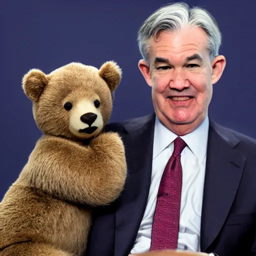 Image similar to Jerome Powell snuggling a bear