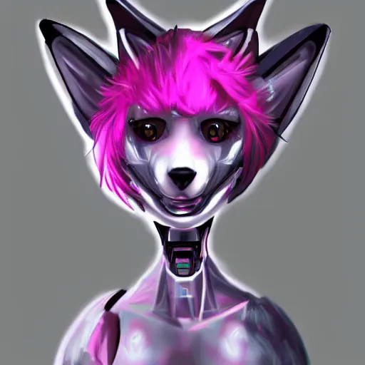 Prompt: digital art artstation, pixiv, portrait of a robotic fox with cybernetic body with pink hair, character fursona furry, furaffinity