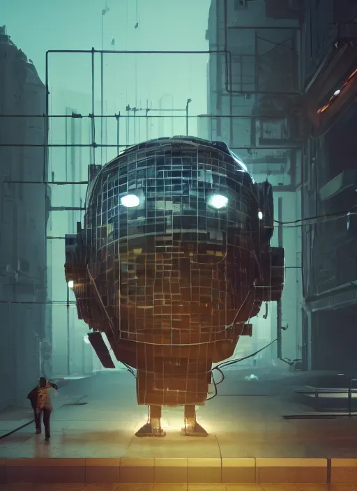 Image similar to people building giant head of a robot mickey mouse inside of abandoned netflix office, cyberpunk, by beeple, dystopia, golden ratio, octane render, redshift, trending on artstation, 8 k