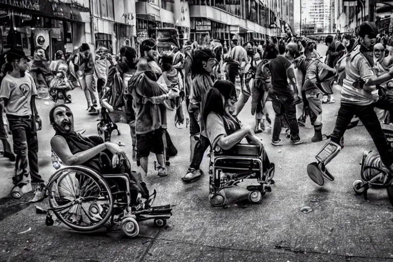 Image similar to riot of paraplegic people, street photography, detailed realistic photography