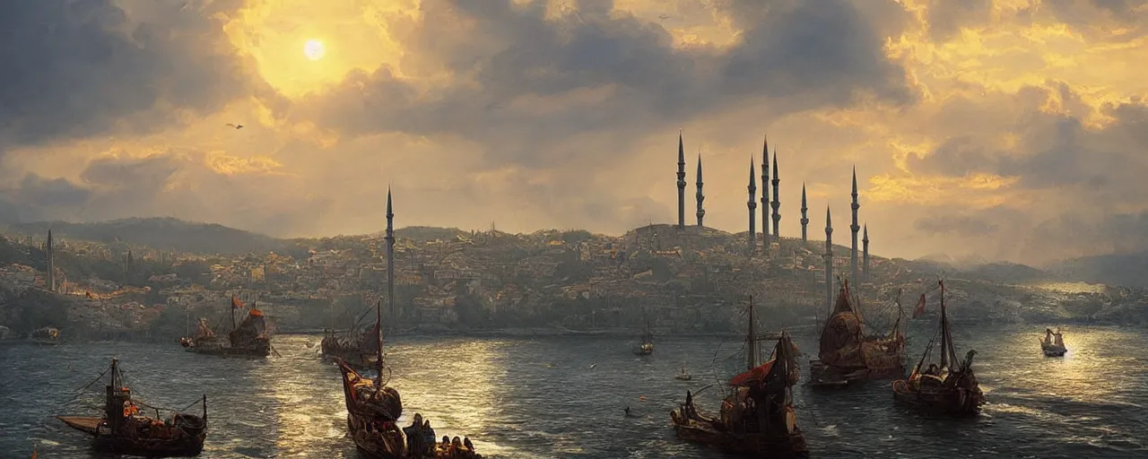 Prompt: medieval istanbul bosphorus and ships scenery landscape, lord of the rings,, rule of thirds, sunset, highly detailed, perfect lighting, perfect composition, 4 k, artgerm, derek zabrocki, greg rutkowski