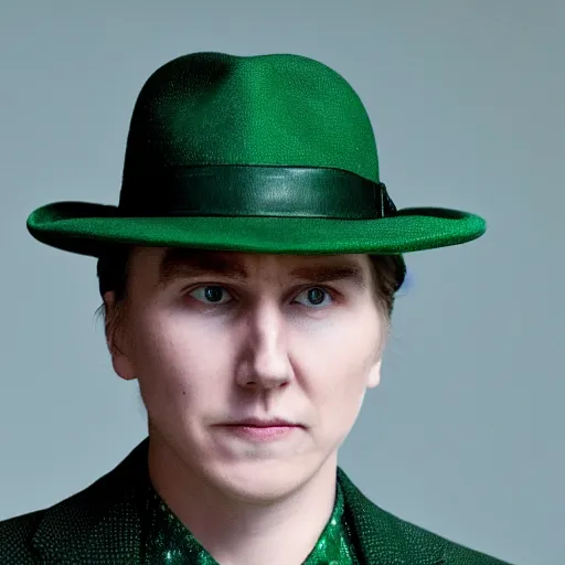 Image similar to film still of Paul Dano as Riddler in a green suit and tie and green fedora no mask in The Batman, 4k, dark lighting, film noir, grainy, dark tone