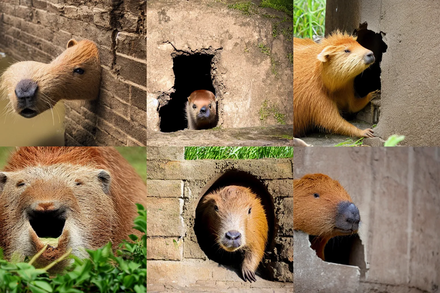 Prompt: capybara breaking through a wall, huge hole!!!! in the wall, photograph