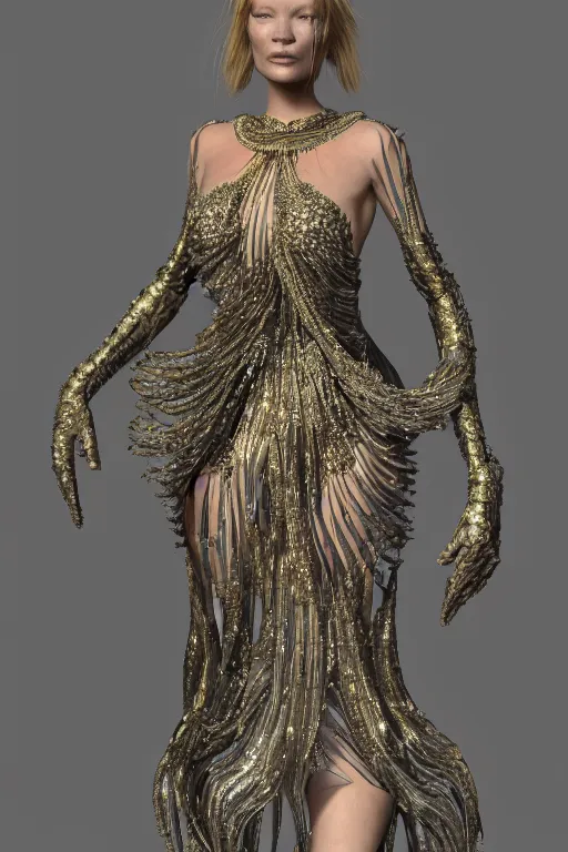 Prompt: a highly detailed medium shot 8 k render portrait of an alien goddess young kate moss in iris van herpen dress schiaparelli in diamonds and jewelry in style of alphonse mucha trending on artstation made in unreal engine 4